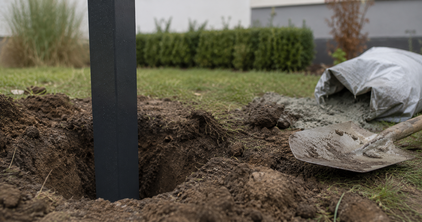 Zaunpfosten im ausgehobenen Erdloch, im Hintergrund ein Garten