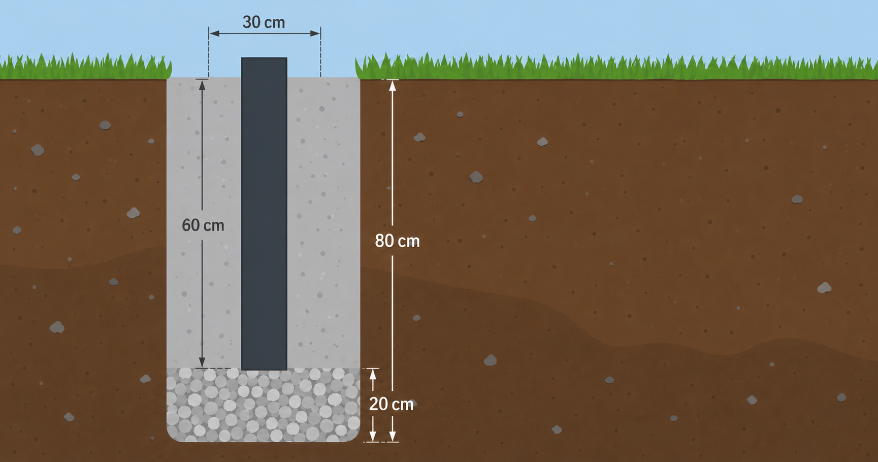 Querschnitt: Zaunpfosten 60 cm tief einbetoniert, 80 cm Lochtiefe, 30 cm Durchmesser, 20 cm Kiesdrainage