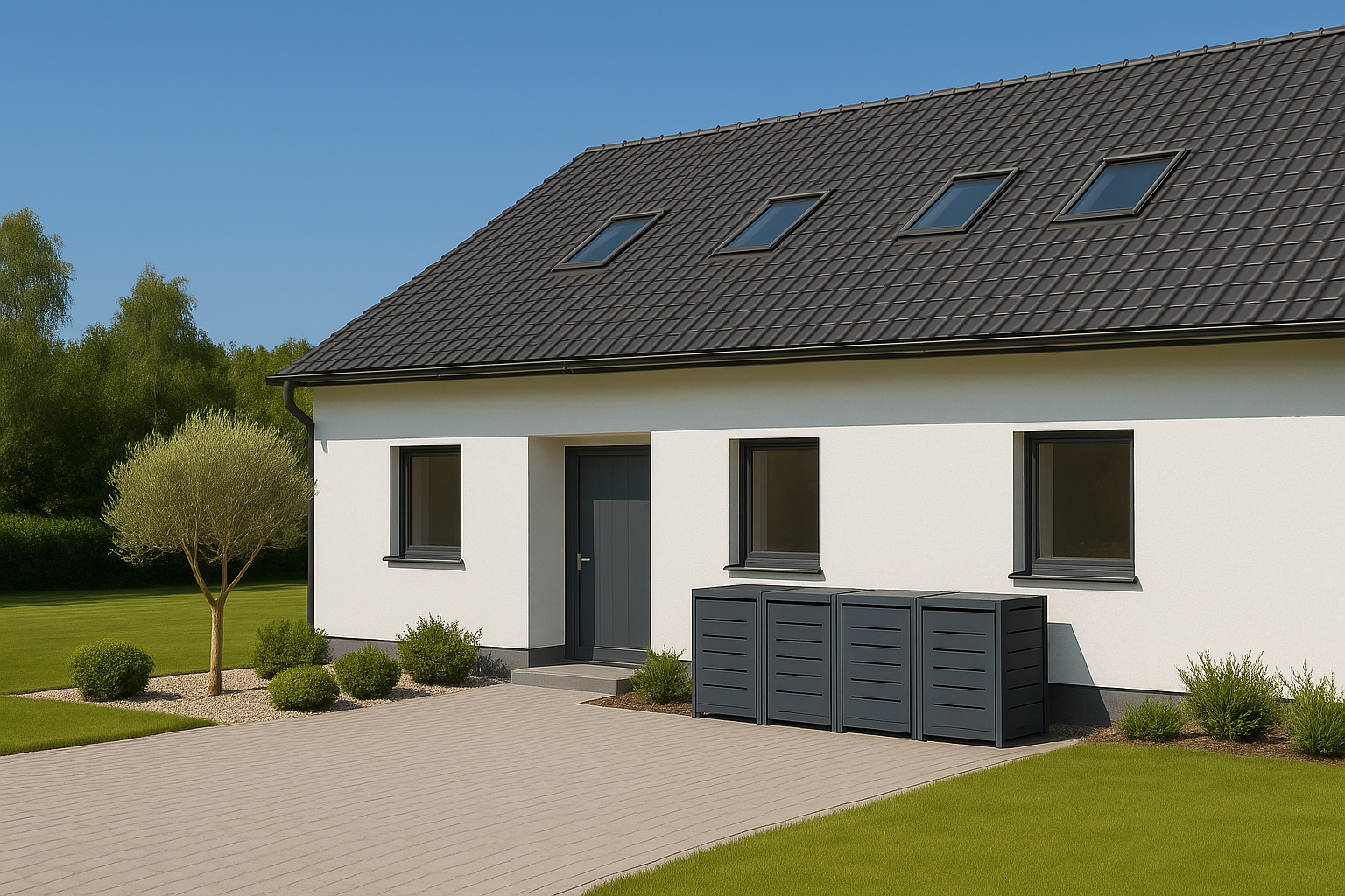 muelltonnenboxen-4er-ai Mülltonnenboxen in anthrazit vor einem modernen Wohnhaus