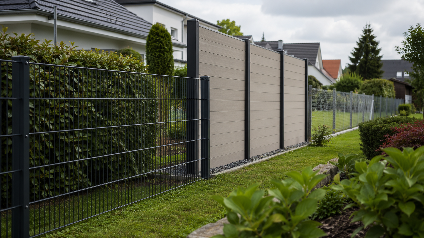 Zaunarten im Vergleich – Doppelstabmattenzaun, WPC-Sichtschutzzaun und Maschendrahtzaun nebeneinander in einer Gartensiedlung Zaunarten im Vergleich – Doppelstabmattenzaun, WPC-Sichtschutzzaun und Maschendrahtzaun nebeneinander in einer Gartensiedlung
